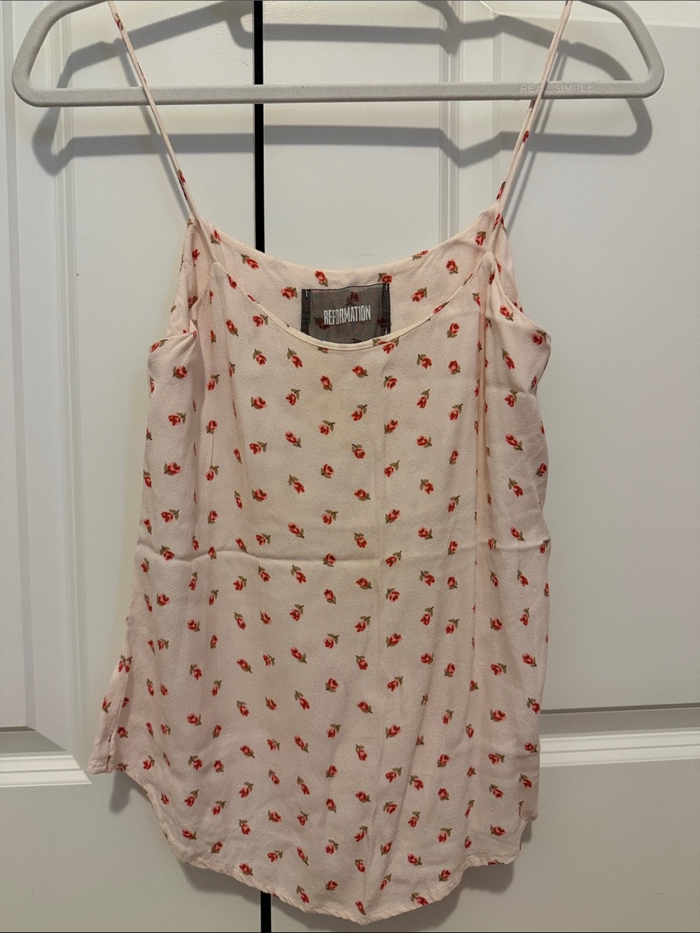 Reformation Cream Spaghetti-Strap Floral Cami with Red Buds